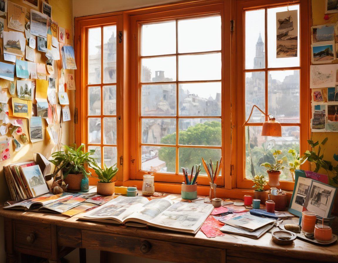 A whimsical collage depicting a travel journal with sketches of exotic locations, paired with tools and materials for DIY crafts. Include vibrant elements like postcards, threads, and colorful paint splashes, symbolizing creativity and adventure. Light should stream in from a window, casting warm shadows on the desk where these elements are arranged. super-realistic. vibrant colors. cozy interior.