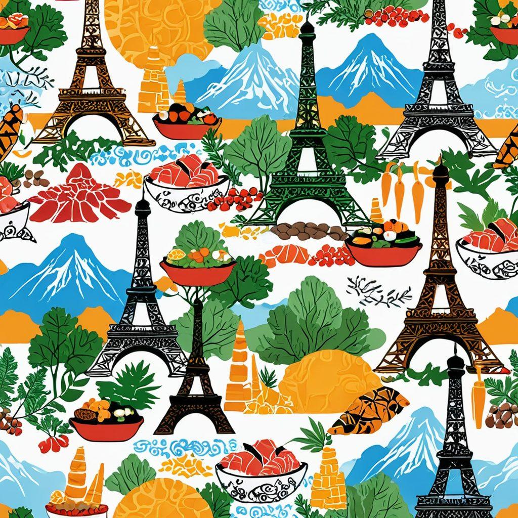 A vibrant collage showcasing an adventurous traveler exploring diverse cuisines around the world. Include iconic dishes from different cultures, such as sushi, tacos, curry, and pastries. Integrate elements of wellness like fresh ingredients, herbs, and yoga poses in natural settings. The background should depict famous landmarks, emphasizing travel. Colorful, whimsical, and inviting illustration style.