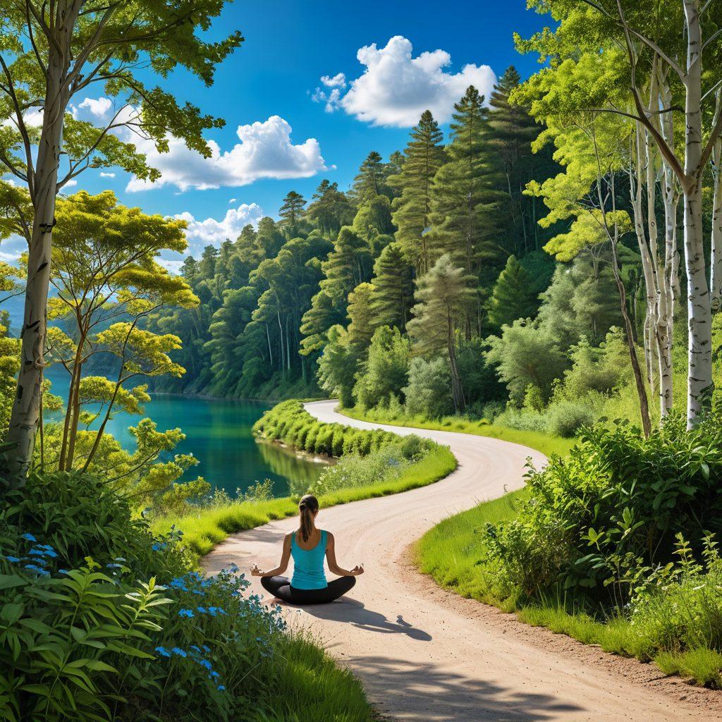 A serene landscape depicting a winding road through lush greenery, symbolizing exploration and life's possibilities. Incorporate elements of wellness like a tranquil yoga scene, vibrant travel destinations, and DIY tools scattered artistically. Enrich the scene with a bright sky and subtle hints of adventure. super-realistic. vibrant colors. 3D.